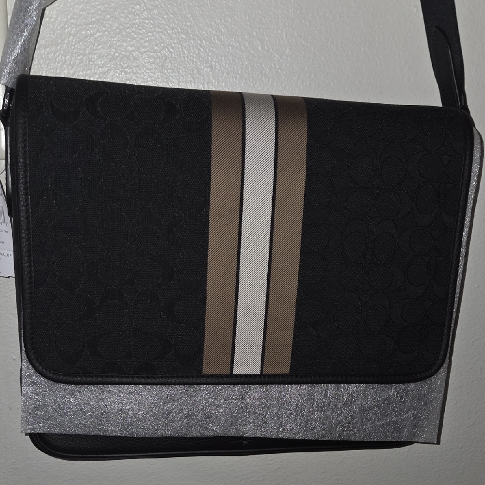 Coach Black Messenger Bag with Brown & Cream Center Stripes